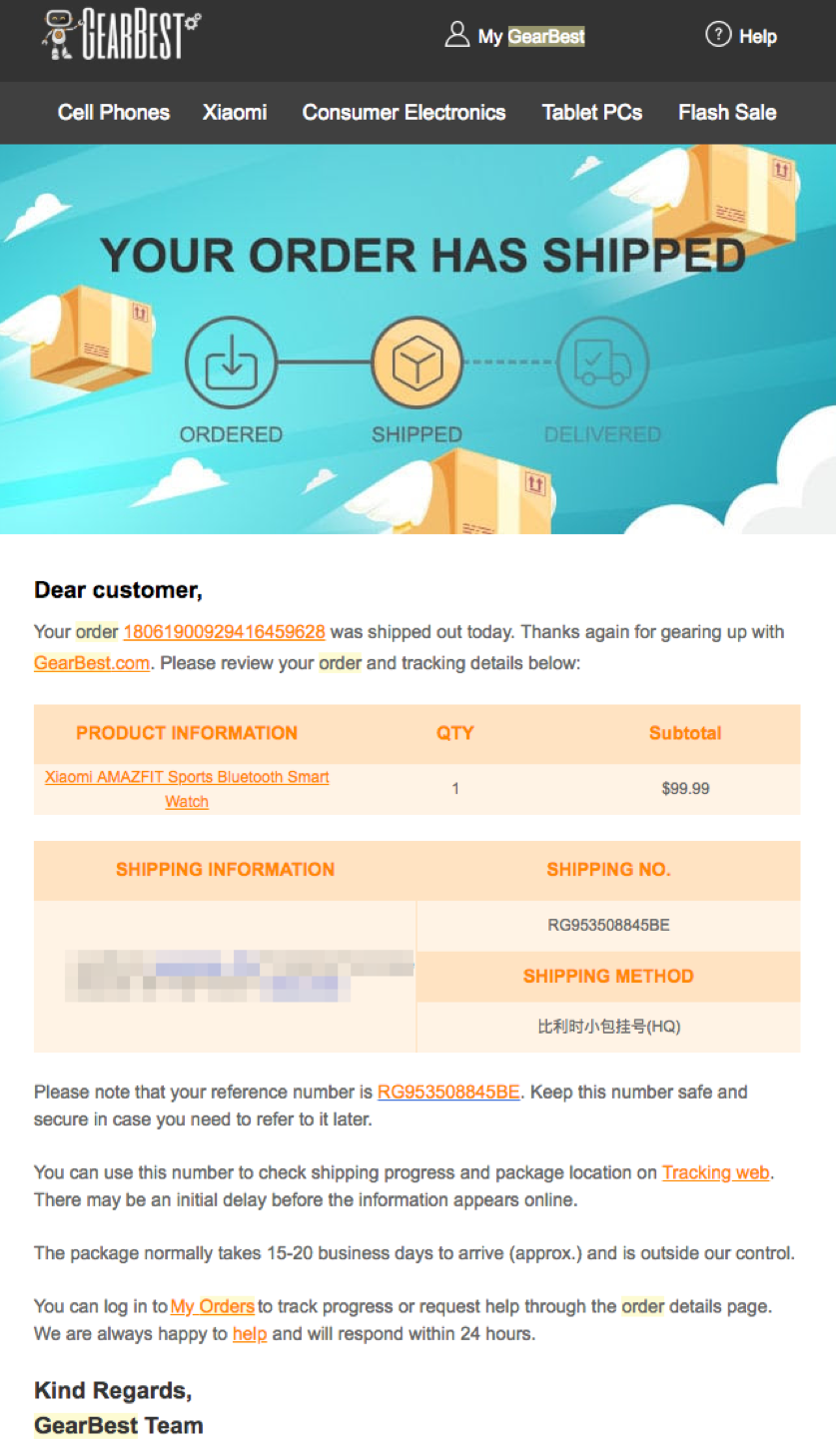 Gearbest shipping confirmation message