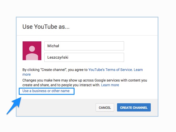 Use YouTube as a business or other name