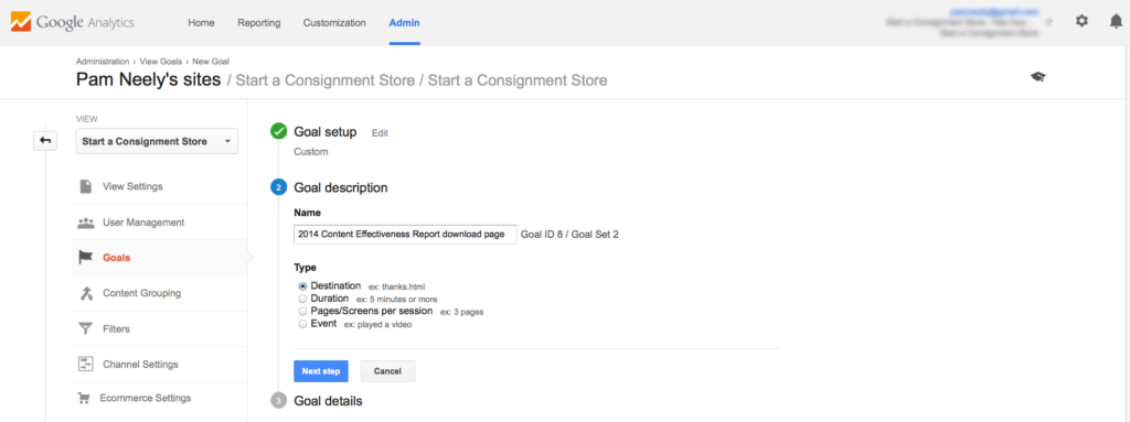 Google Analytics goal description setup