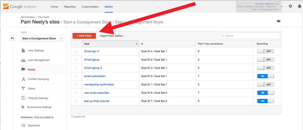 Creating new goals in GA dashboard
