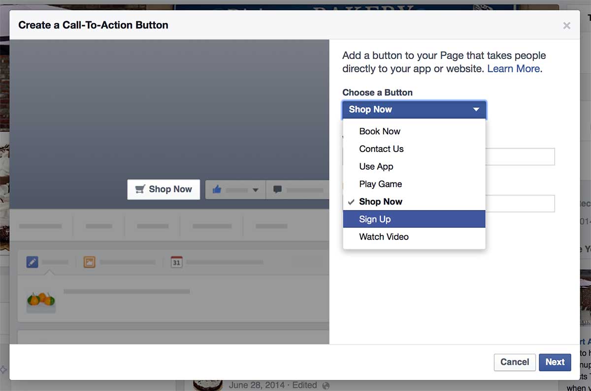 Sample of “Create a Call-To-Action Button” in Facebook Pages to build email list