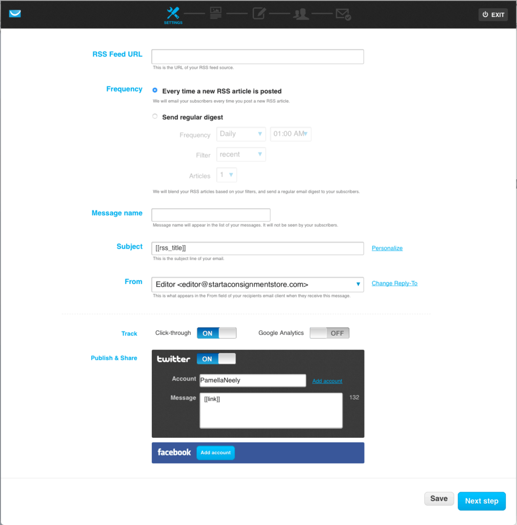 This is the first screen you’ll see when you set up an RSS to email automation in your GetResponse account.