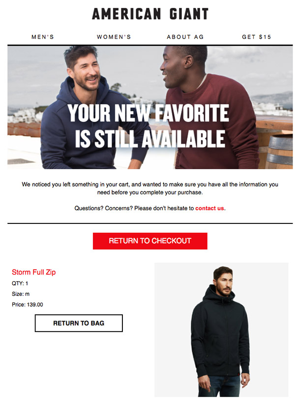 Cart abandonment email from American Giant