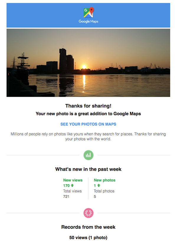 Google Maps personalized email saying thanks for submitting photos