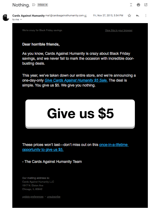Funny Black Friday Email from Cards Against Humanity