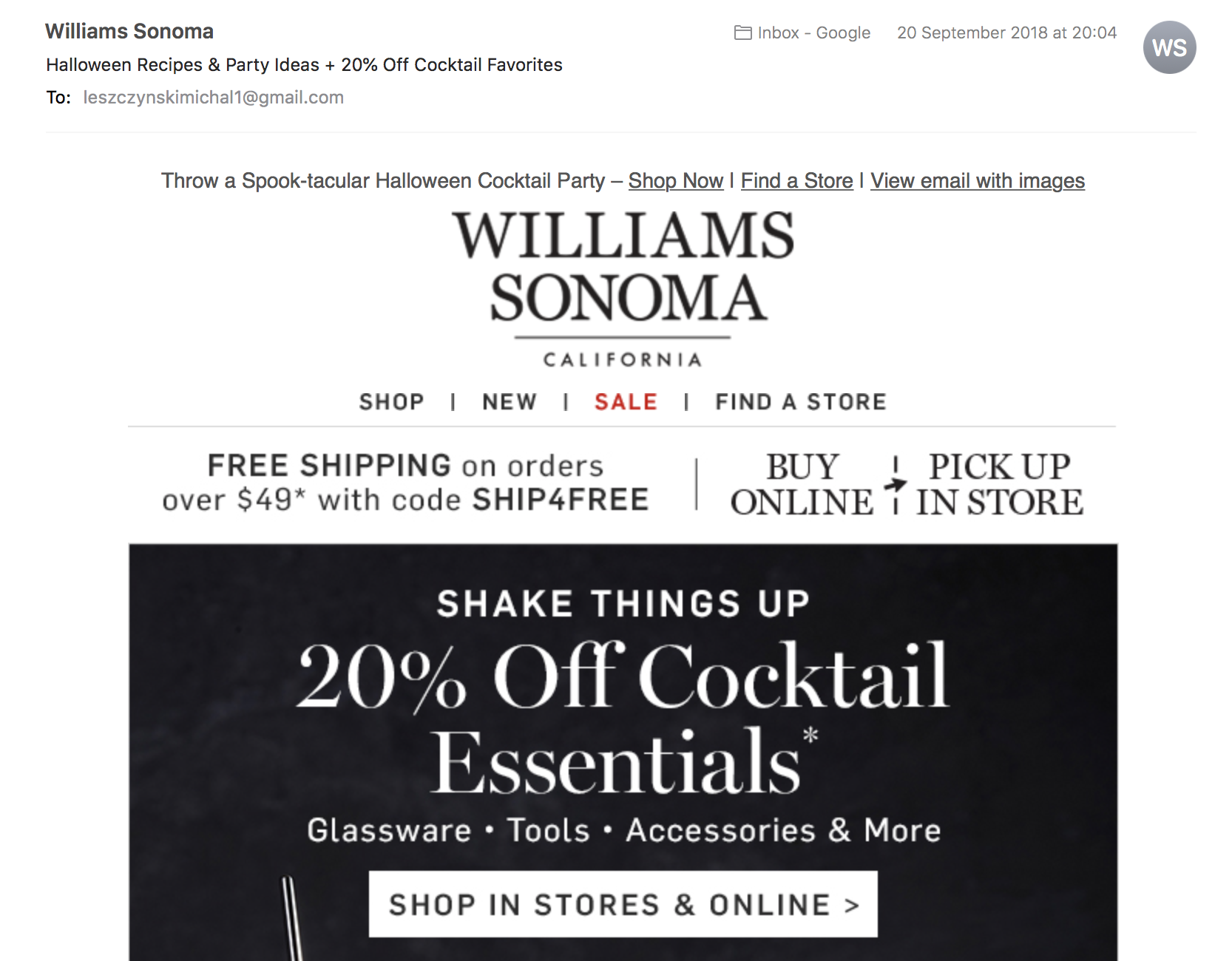 Halloween newsletter preheader in Williams Sonoma campaign