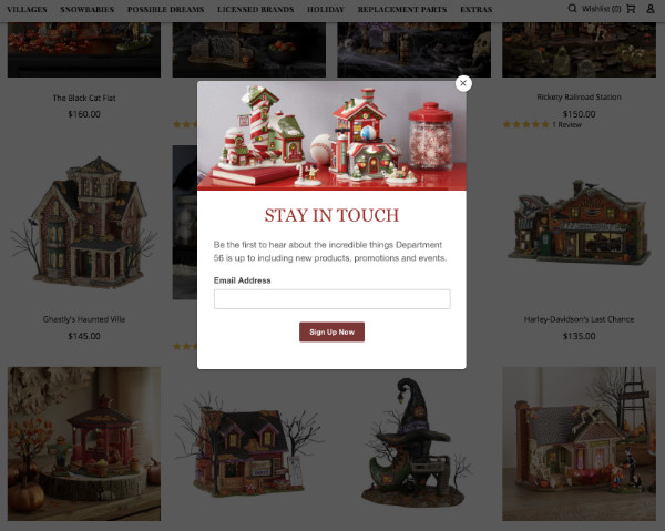 Holiday-themed email pop-up forms from Department 56