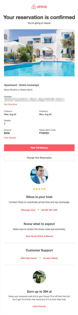Transactional email example from Airbnba