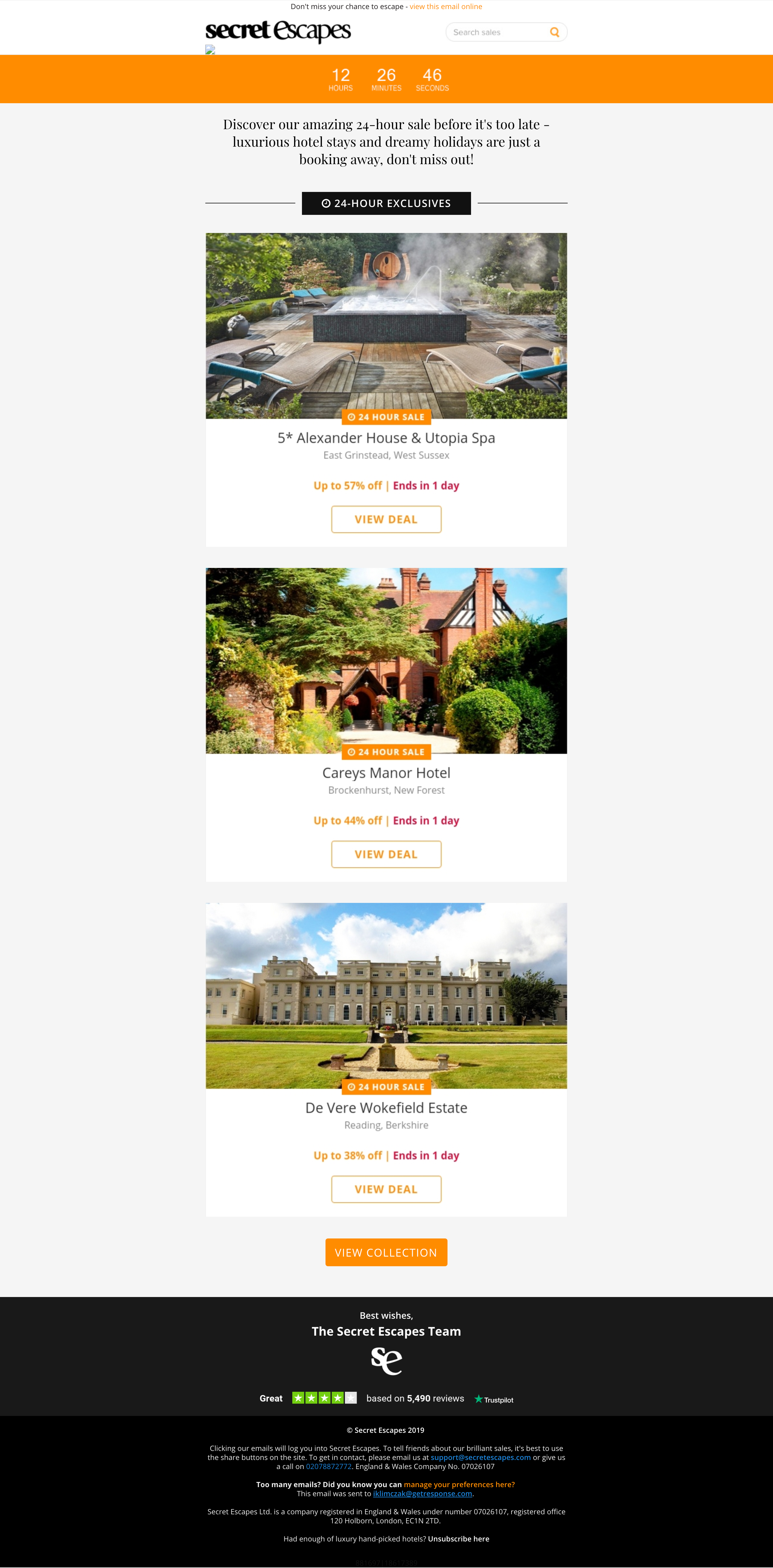 Secret Escapes 24 hour exclusives time limited offer email