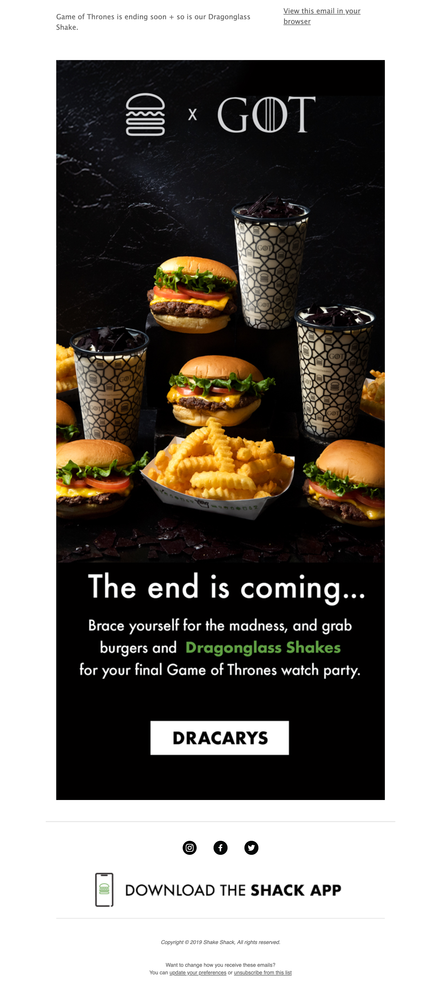 Shake Shack and Game Of Thrones partnership newsletter