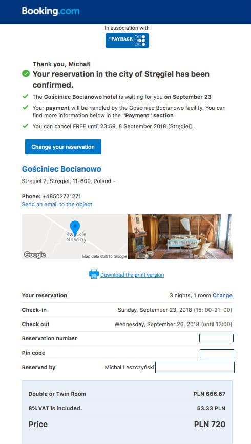 Booking receipt email