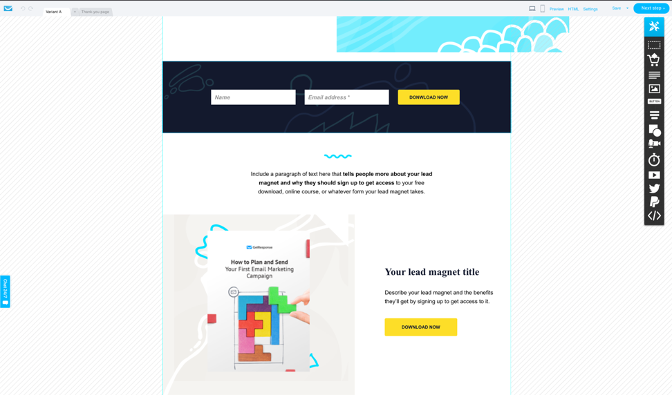 Template for a lead magnet funnel landing page.