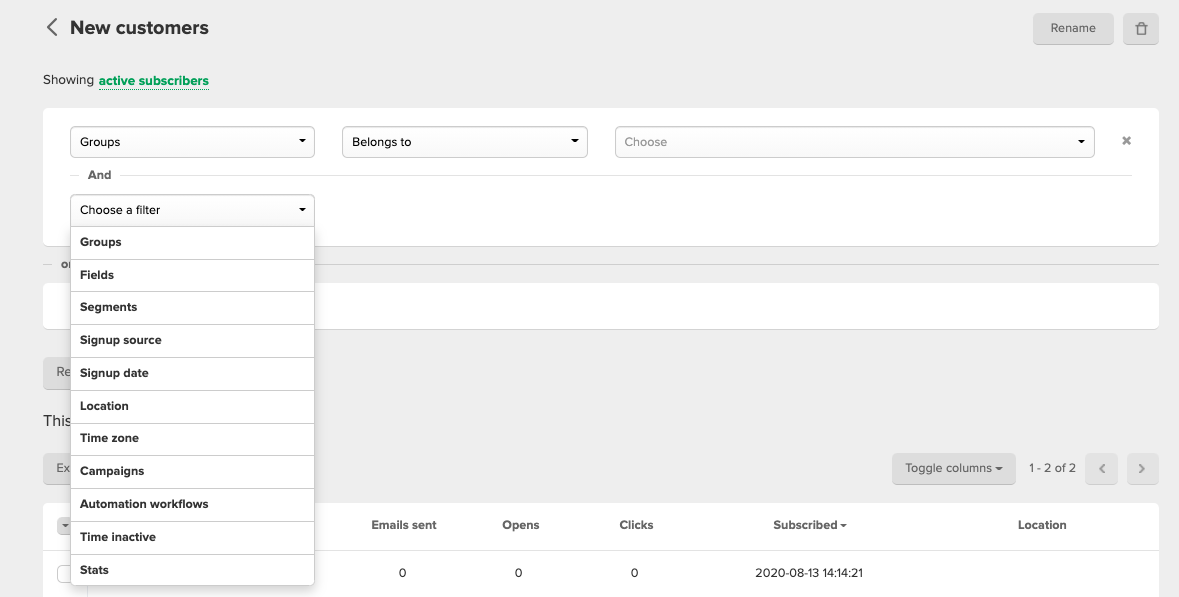 MailerLite’s segmentation tool