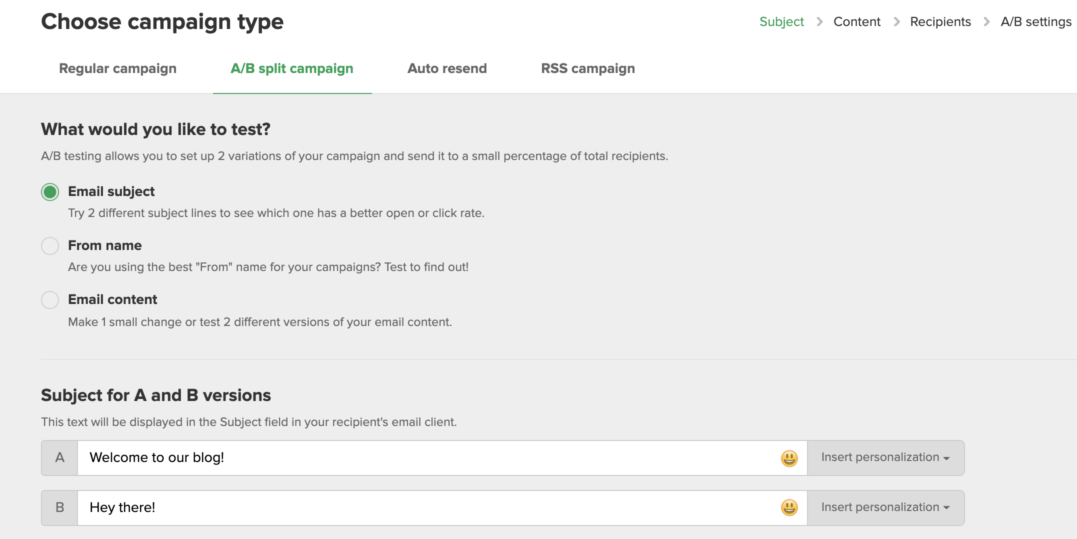 MailerLite A/B testing feature.