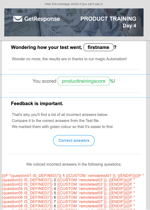Personalized email showing the test score results and linking to the correct answers.
