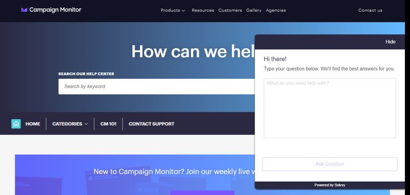 Help window on Campaign Monitor's website.