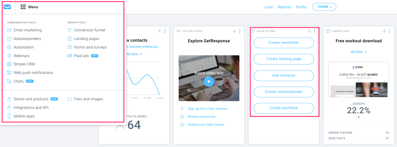 Navigational menu and quick actions in the GetResponse dashboard.