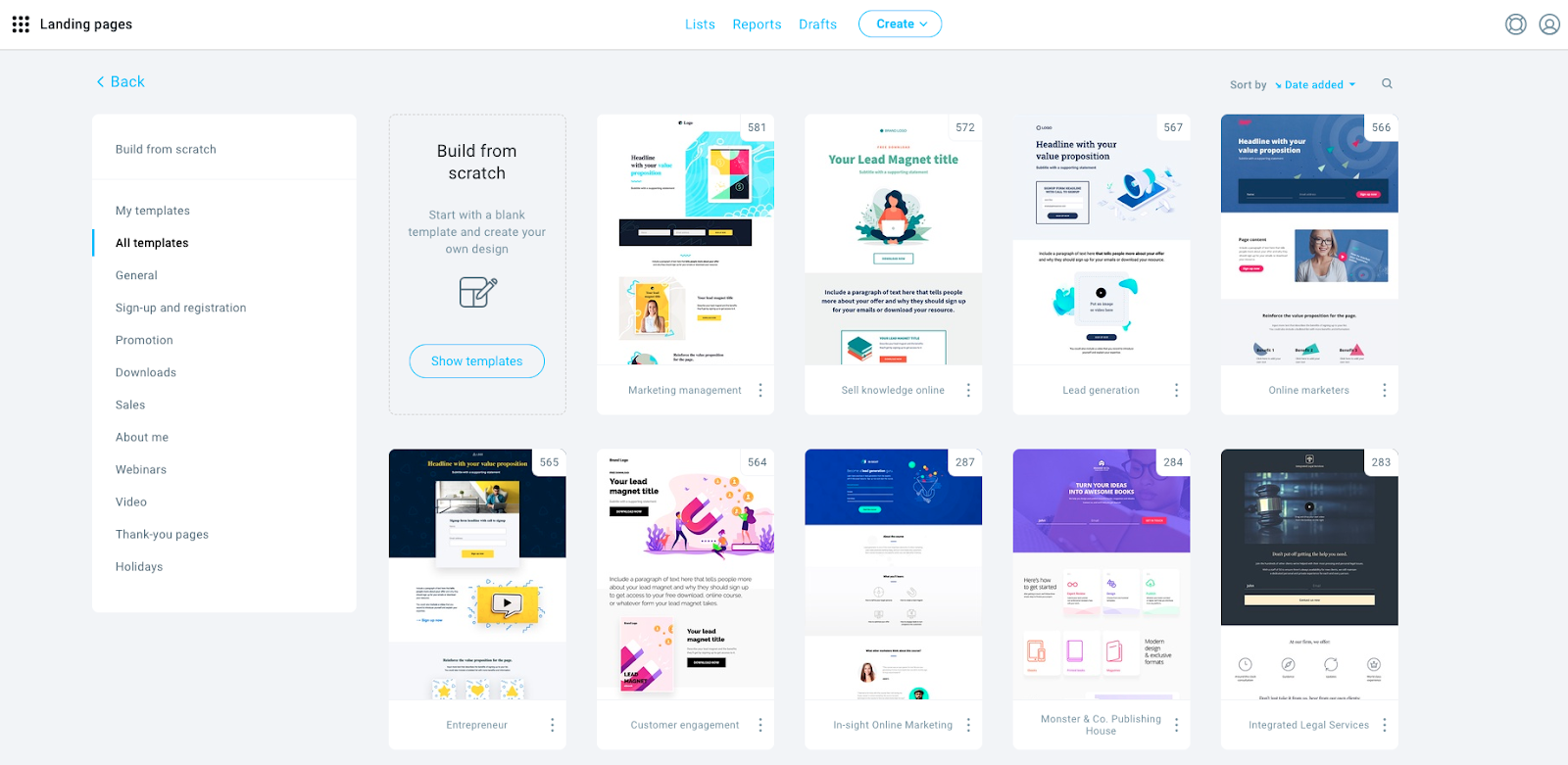 Landing page templates library.