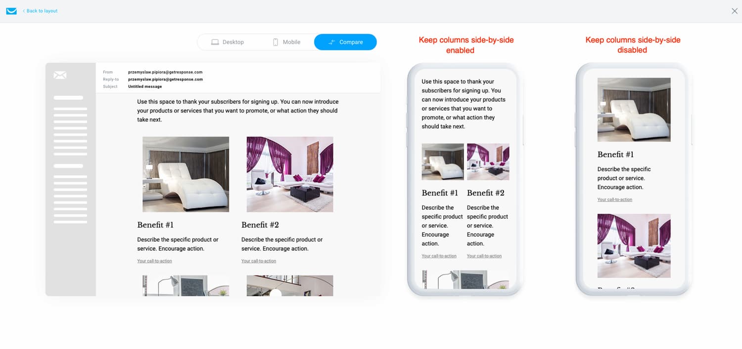 With and without the feature "keep columns side-by-side" enabled - GetResponse Email Creator