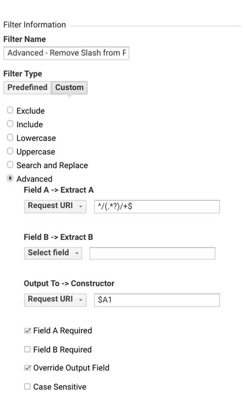 Фильтр Гугл Аналитикс - Удалить косую черту из пути к странице