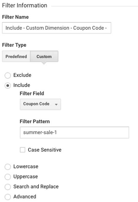 Фильтр в Гугл Аналитикс включить только купоны