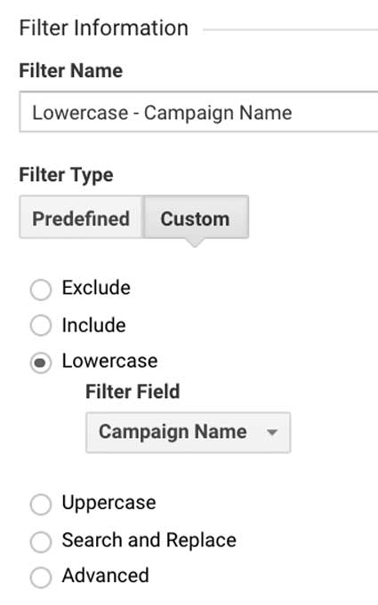 Фильтр в Гугл Аналитикс название кампании в нижнем регистре 