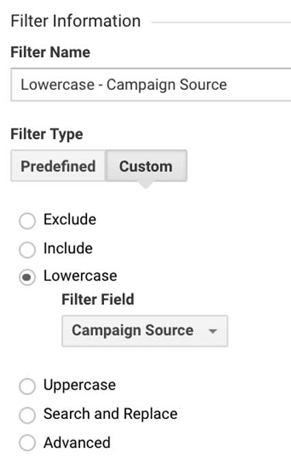 Фильтр в Гугл Аналитикс источник кампании в нижнем регистре