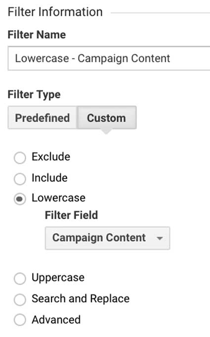 Фильтр Гугл Аналитикс содержание кампании в нижнем регистре (utm_content) 