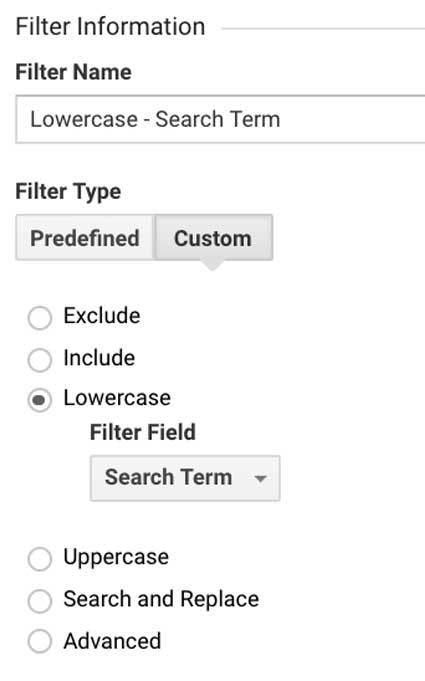 Фильтр Гугл Аналитикс запросы внутреннего поиска по сайту в нижнем регистре