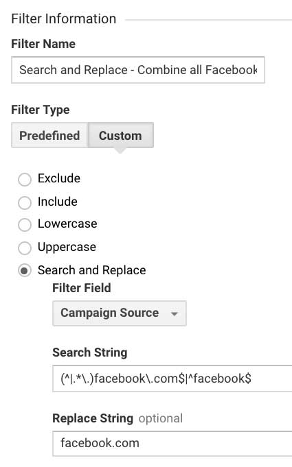 Фильтр Гугл Аналитикс объединить все источники Facebook в один