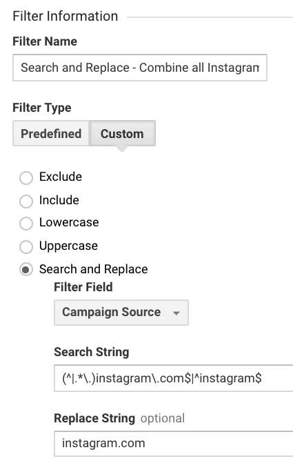 Фильтр Гугл Аналитикс объединить все источники Instagram в один