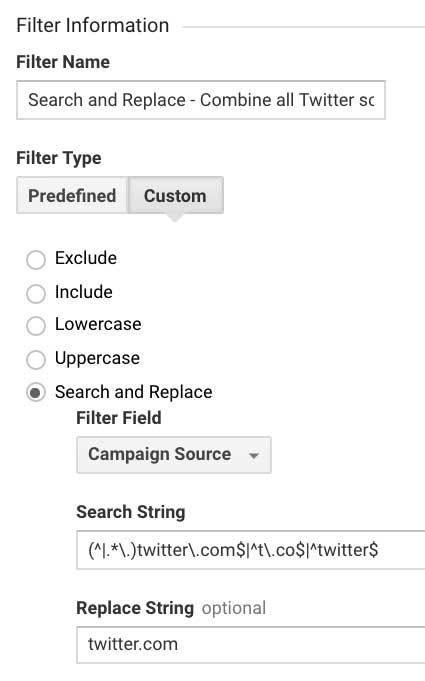 Фильтр Гугл Аналитикс объединить все источники Twitter в один