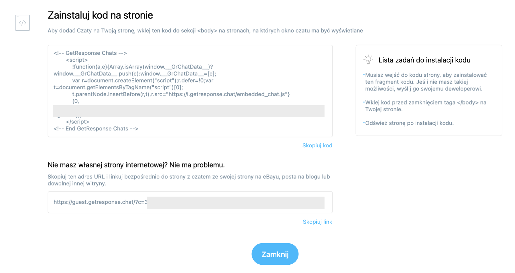 Opcja instalacji kodu Czatów GetResponse na własnej stronie. 
