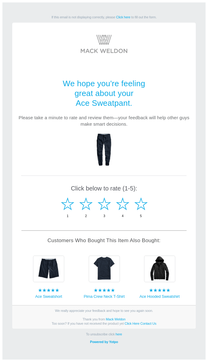 How ecommerce brands often ask customers to rate their latest purchase through a transactional email.