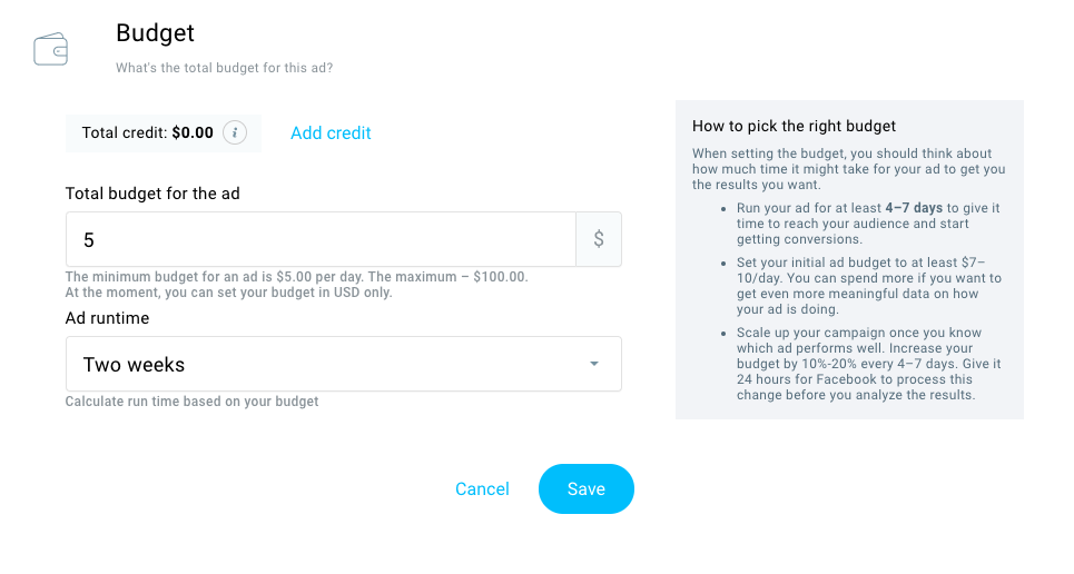 Setting up the ad budget and runtime in GetResponse.