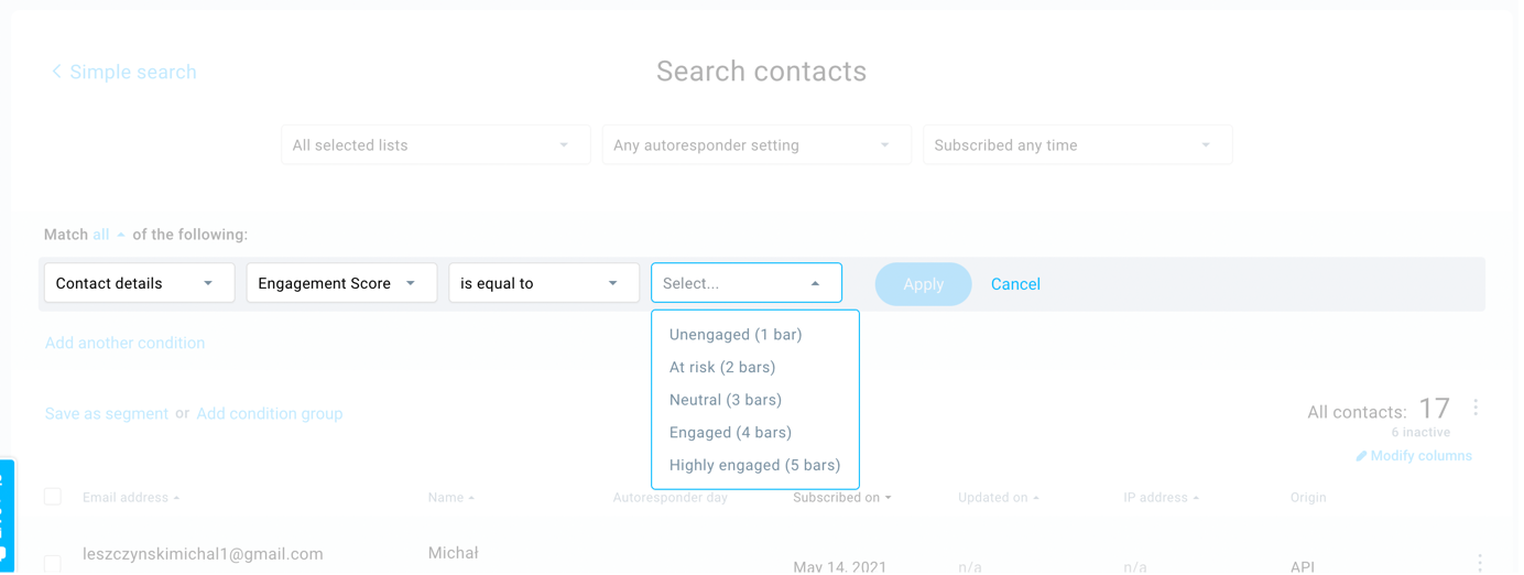 How to create a segment in GetResponse using the engagement score