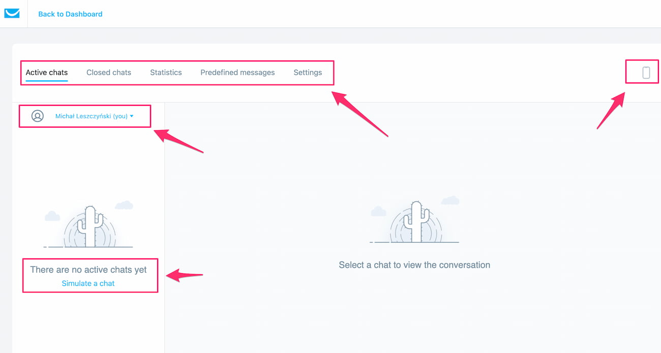 Managing GetResponse Chats - Active chats, Closed chats, Statistics, Predefined messages, Settings, Mobile apps, operators, and Chats Test page.