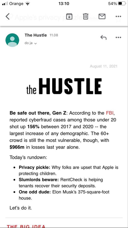 Well-designed email from the Hustle viewed in light mode.