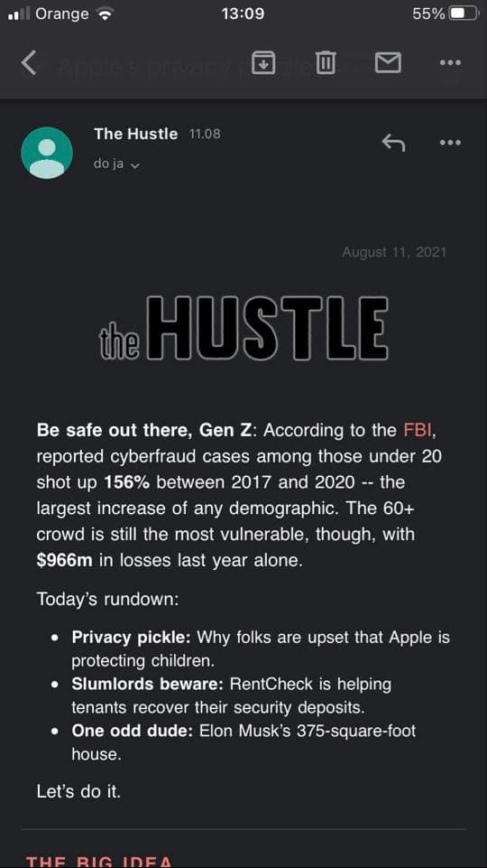 Well-designed email from the Hustle viewed in dark mode.