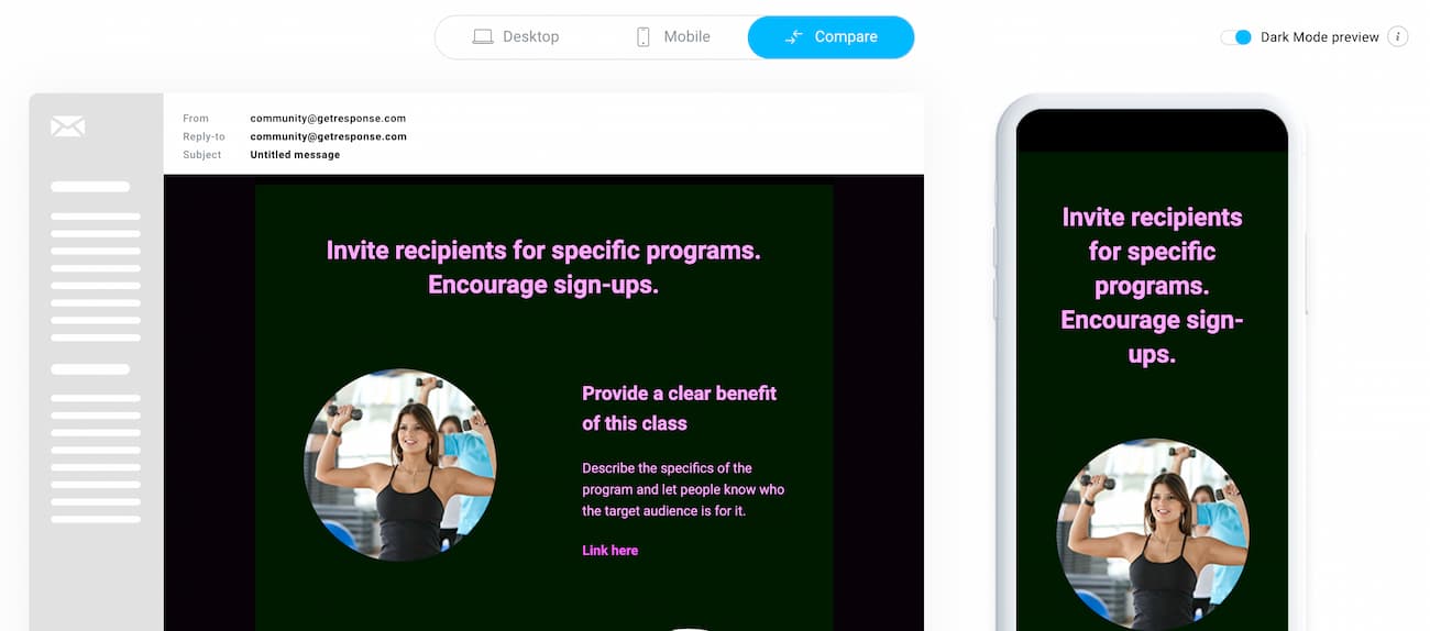 Dark mode preview in GetResponse Email Creator.