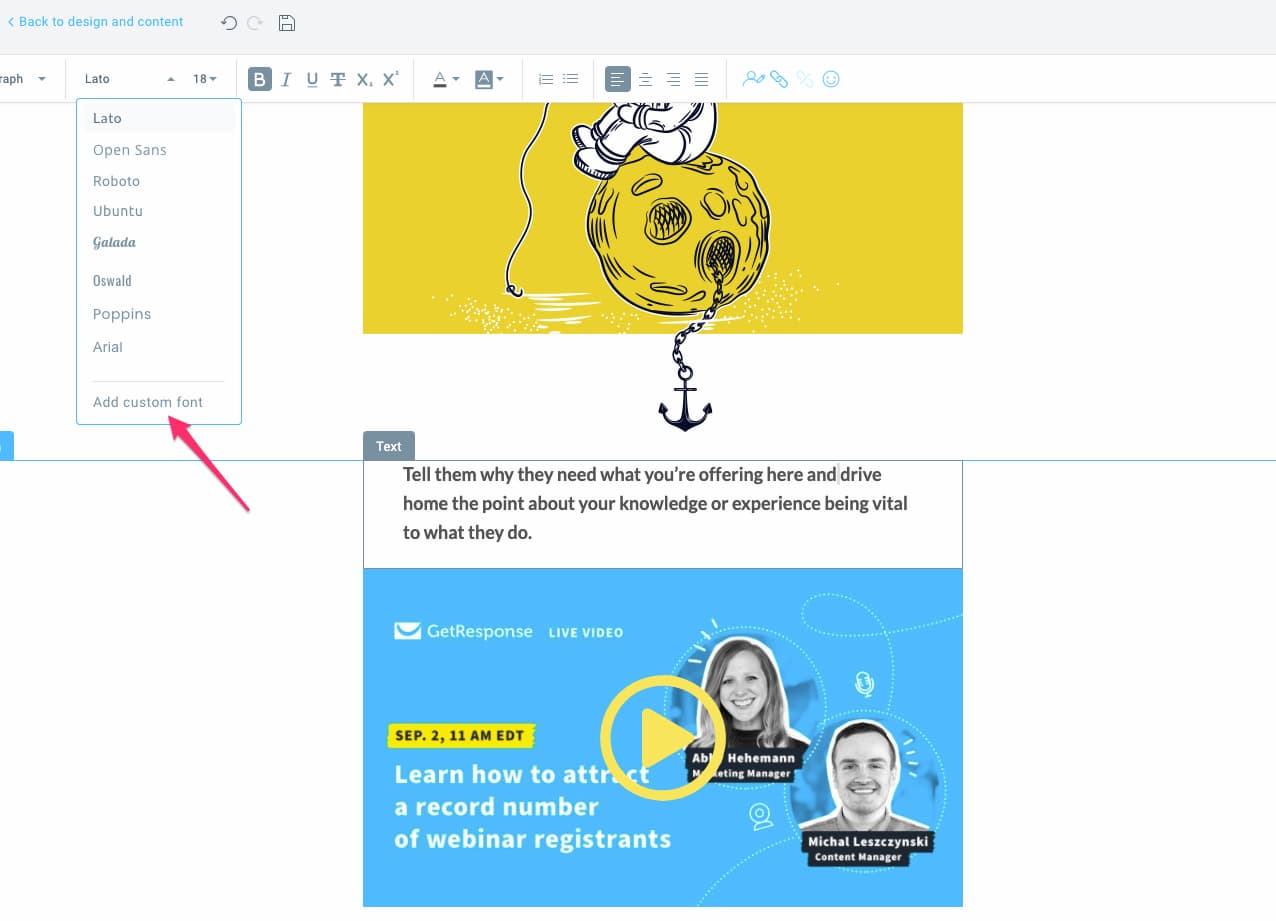 Adding custom fonts in GetResponse Email Creator.