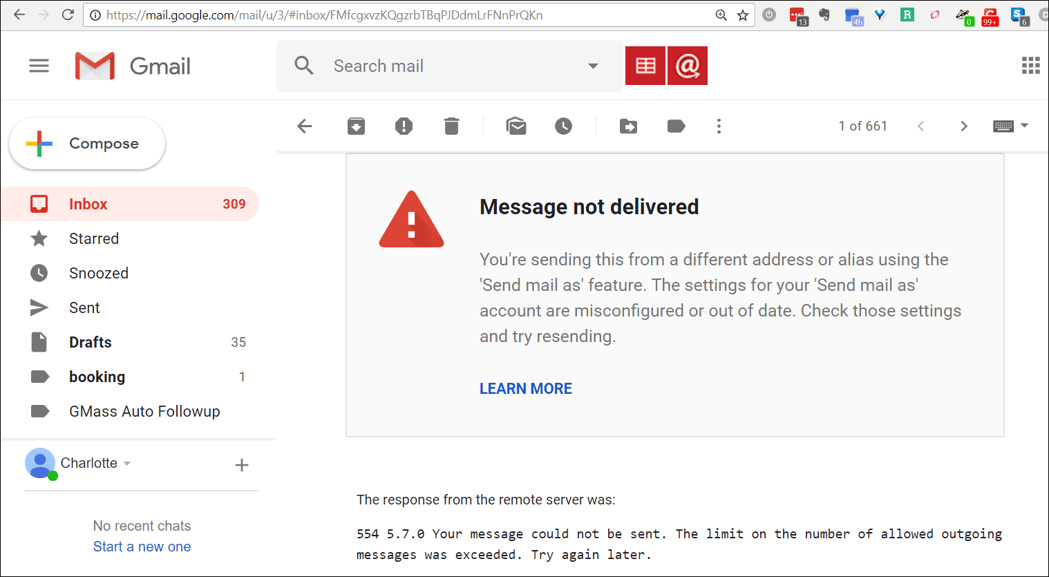 "Message not deleted" error in Gmail client