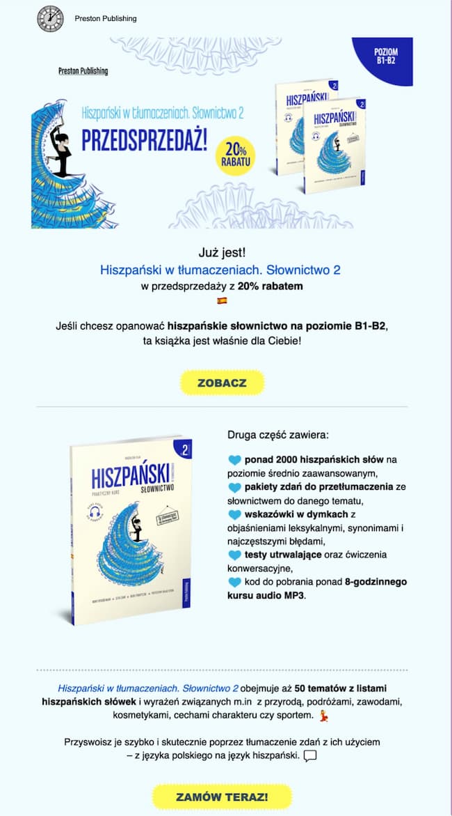 An email promoting the second volume of a Spanish vocabulary coursebook. 