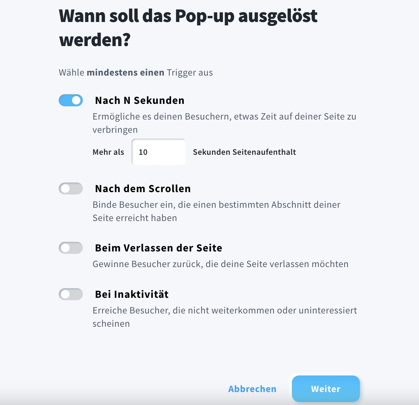 Zeit für Pop-Up Auslösung festlegen in GetResponse