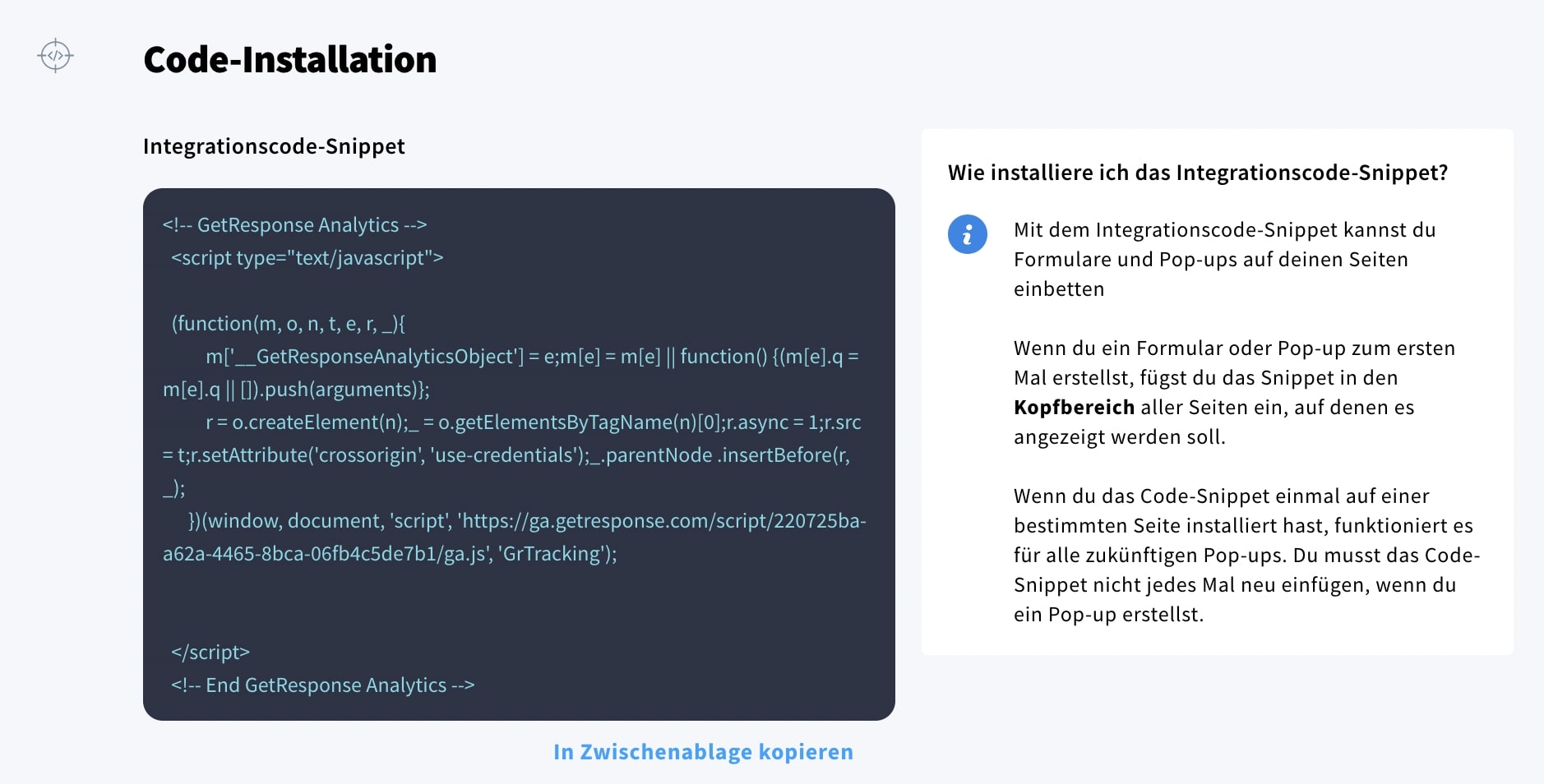 HTML Code für Popup Einbettung in GetResponse