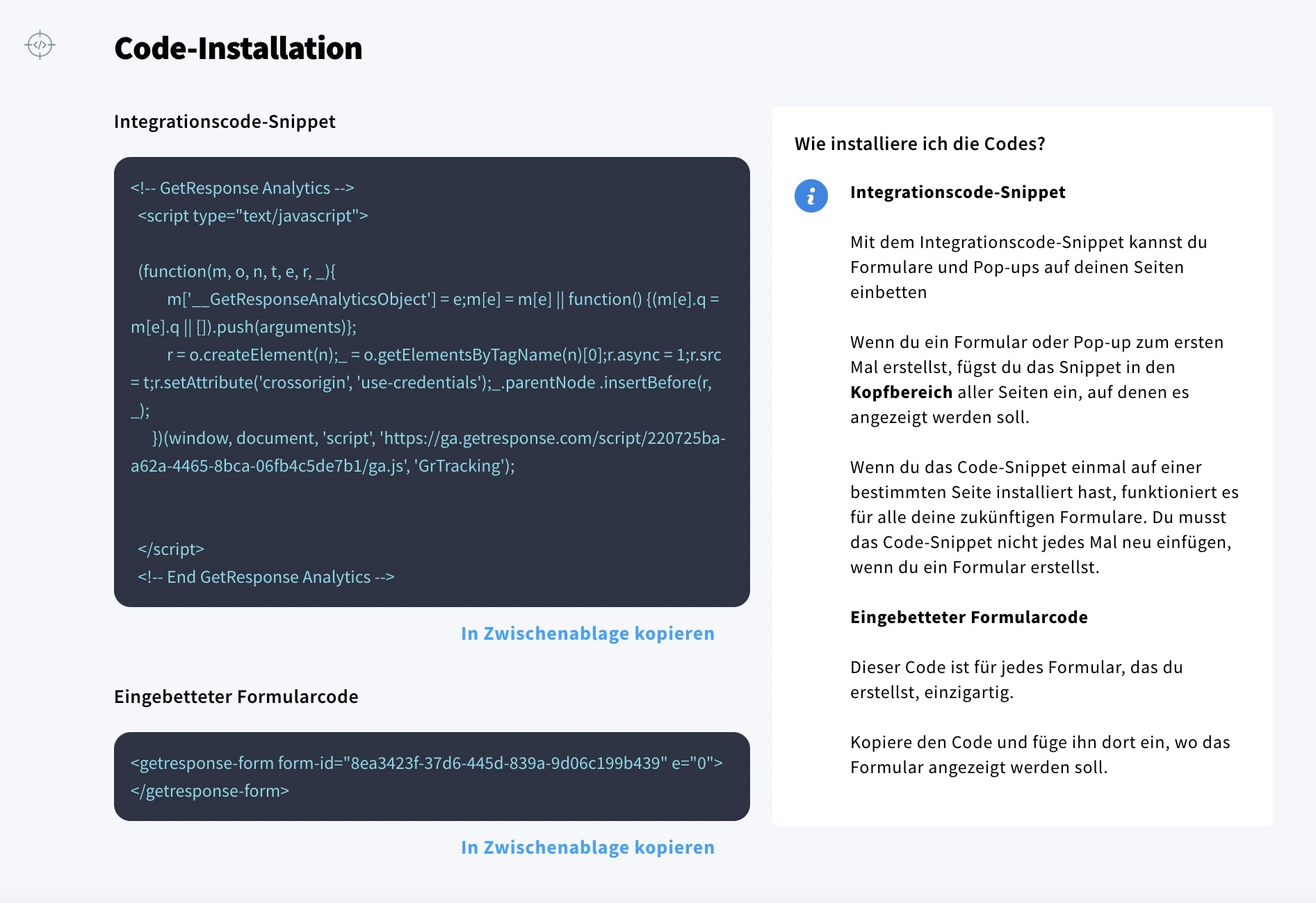 HTML Code erstellt in GetResponse für Pop-Up bzw. Formular Einbettung in eine Webseite