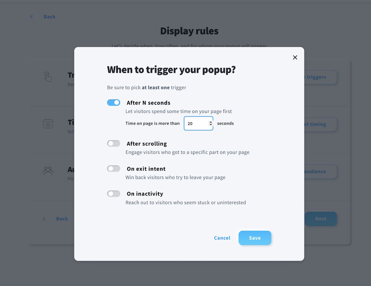 Display rules in the GetResponse Forms and Popups Creator.