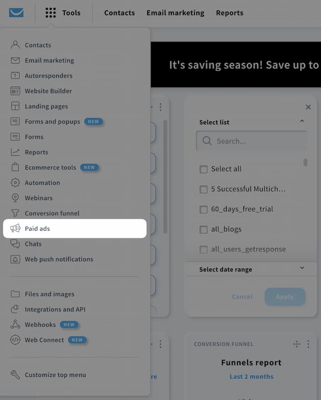 Image showing how you can access paid ads in the GetResponse navigational menu.