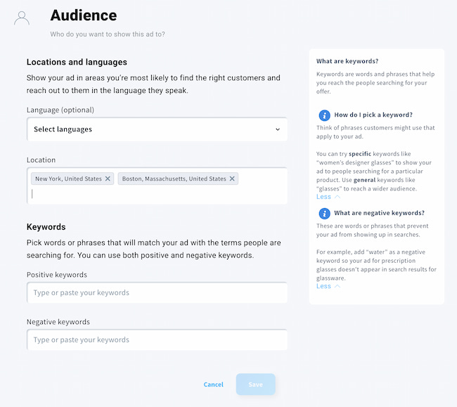 Image showing how you can specify the target audience for your paid ad campaign using Google Search Ads.