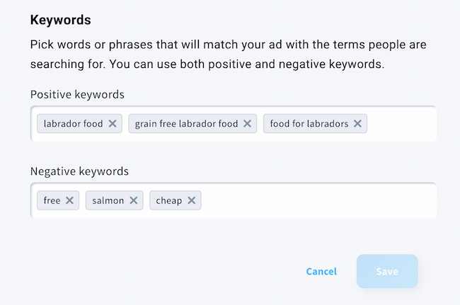 Image showing how you can narrow down who sees your audience in Google Search Ads using positive and negative keywords.